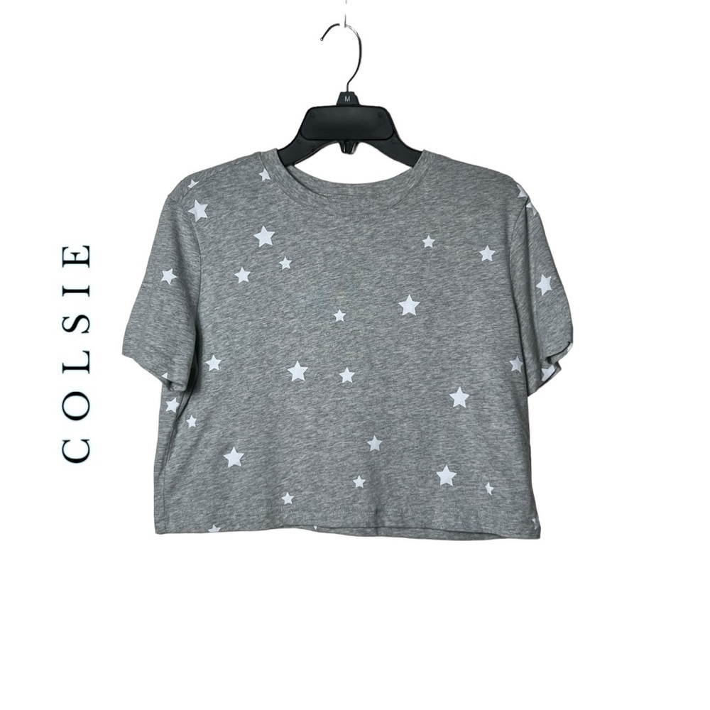 1678. COLSIE SHORT SLEEVE CROPPED TEE‎ WITH STARS PRINT SIZE SMALL GRAY/WHITE